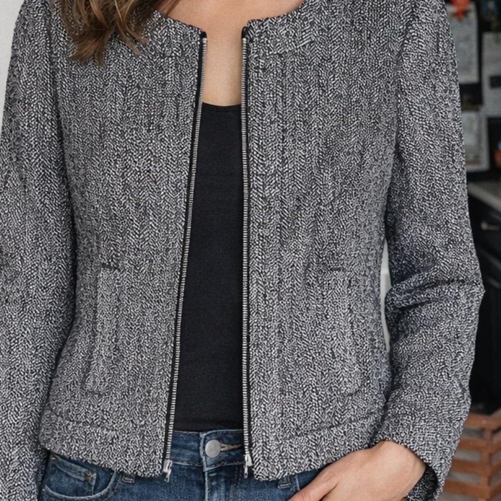 Focus 2000 Herringbone Zip Jacket Size 8 Cropped Wool Blend
